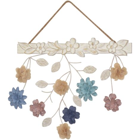Decoración floral de pared en MDF, metal y tela – Colgado con cuerda de lino 58 x 4 x 59 cm DEC050024