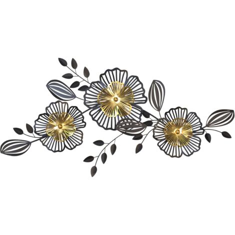 Decoración floral de pared en metal negro y dorado – Flores y hojas DEC050050