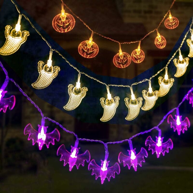 

Decoración Halloween, Cadena de Luces de 3 Paquetes 20 LED, Luz de Diseño de Calabazas Halloween, Murciélagos y Fantasmas para Halloween y Cualquier