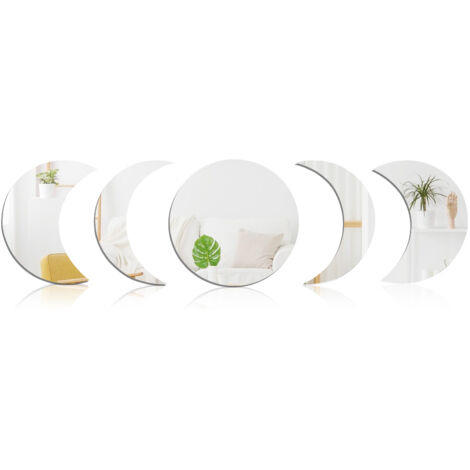 Decoración mural acrílica en oro/plata – juego de 5 pegatinas (luna llena Ø 30 cm, lunas crecientes 7,3 x 29 cm y 13,5 x 27 cm), fácil de aplicar.