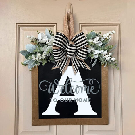 Decoración para la puerta principal: Ramo de flores artificiales con letrero de bienvenida, letra A. Madera multicolor, apta para usar durante todo el año.