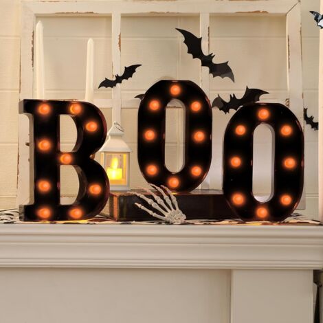 Decoraciones de Halloween - 3 letras LED iluminadas "BOO" - Decoración de Halloween para mesa de cocina, repisa de chimenea y fiestas en interiores