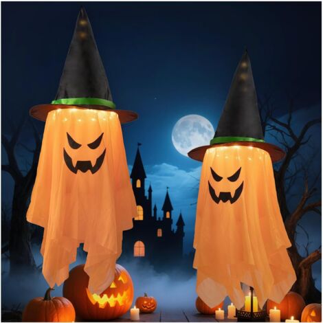 Decoraciones de Halloween para exteriores e interiores, 2 fantasmas colgantes con sombrero de bruja, decoración de fantasmas de Halloween con 8 modos LED, para patio, árbol, césped, fiesta en el jardí