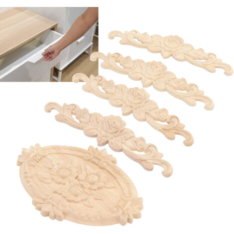 Décoratif Applique Bois Style Européen Finition Exquise Onlay Sculpté Coin Cabinet Porte Décorée - Bois de Caoutchouc, 5 Pièces (4 Longues 20x5cm, 1 Rond 21x15cm)