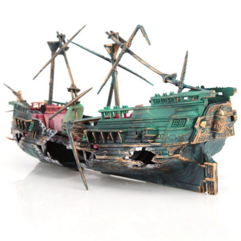 Décoration Aquarium Épave de Bateau avec Bulleur, Ornement Immergé Vert Foncé pour Poisson