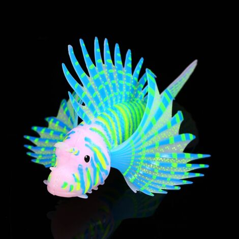 Décoration Aquarium Poisson Lion Coloré en Silicone Fluorescent et Lumineux dans l'Obscurité Bleu 11.57.53cm