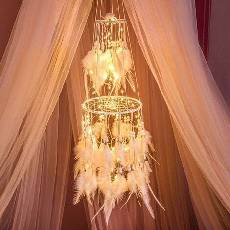 Décoration Attrape Rêve avec Guirlande Lumineuse LED Chaude à Suspendre, Lumière Chaude Blanc Chaud, Blanc / Rose