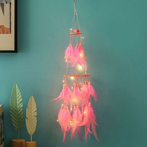 Décoration Attrape Rêve avec Guirlande Lumineuse LED Chaude à Suspendre, Lumière Chaude Blanc Chaud, Blanc / Rose