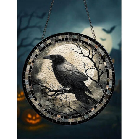 Décoration corbeau lune vitrail 12,5 cm, attrape-soleil mystique