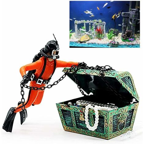 Décoration d'aquarium - Décoration d'aquarium - Coffre au trésor - Plongeur - Orange