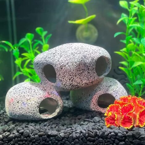 Décoration d'aquarium en forme de grotte rocheuse pour crevettes, élevage de cichlidés, cachette pour poissons - Lot de 3 pierres