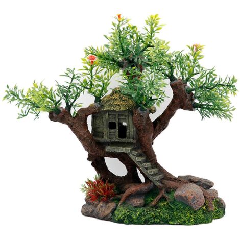 Décoration d'aquarium : maison sur arbre avec escaliers et gazon pour eau douce et eau de mer