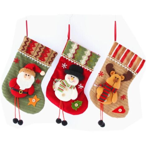 Décoration de bottes de Père Noël, 3 chaussettes de Noël pour cheminée, chaussettes de Père Noël à remplir, chaussettes suspendues pour décoration de Noël, sac cadeau chaussettes sac de bonbons, avec
