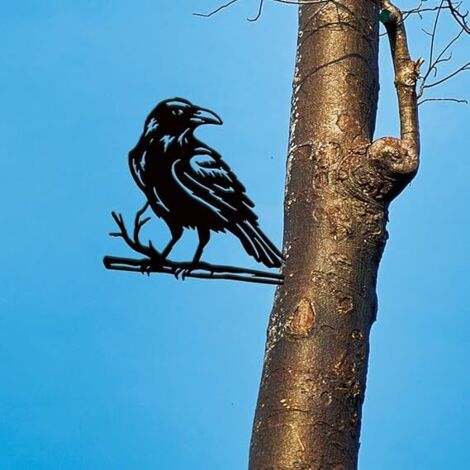 Décoration de jardin en métal : corbeau silhouette noire, piquet décoratif pour pelouse ou terrasse.