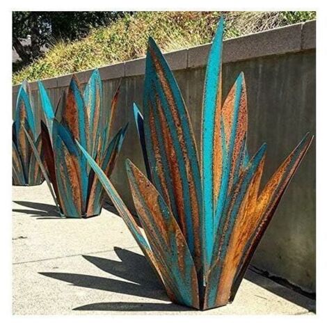 Décoration de jardin en métal en forme de plante Agave jardin - Sculpture rustique en métal - Statue de jardin rustique - 65 cm 9 feuilles