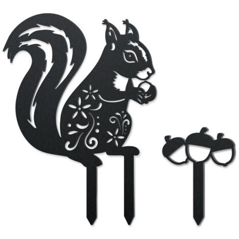Décoration de Jardin en Métal Noir - Figurine Écureuil et Piquet Noisettes - Silhouette d'Art pour Extérieur, Pelouse et Bordure de Fleurs - Lot de 2 Pièces