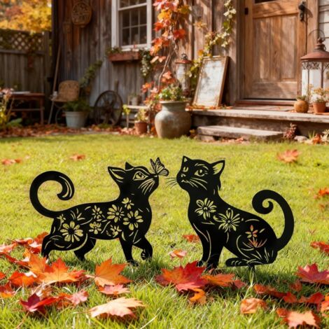 Décoration de jardin en métal représentant des chats (lot de 2), piquets décoratifs pour le jardin, cadeaux de Noël pour les amoureux des chats