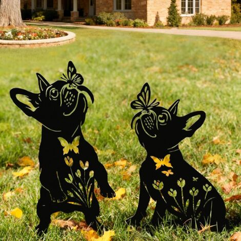 Décoration de jardin en métal représentant un carlin (lot de 2), piquets décoratifs pour l'extérieur, statues de jardin résistantes aux intempéries