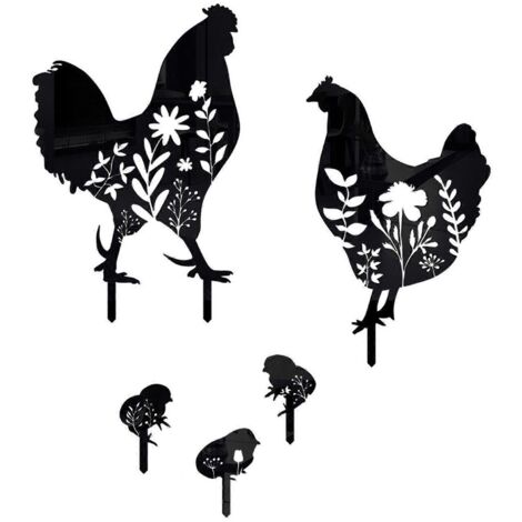 Décoration de jardin en silhouette noire – Lot de 5 statues coq, poule et poussin, piquets décoratifs pour extérieur.