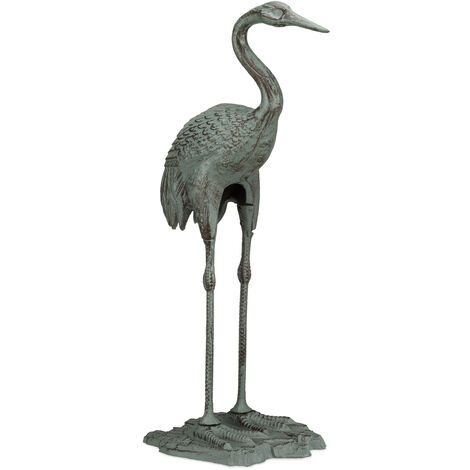 Décoration de jardin grue cendrée, oiseau métal, statue fonte, étang, extérieur et intérieur, HxlxP: 75x35x22 cm, vert