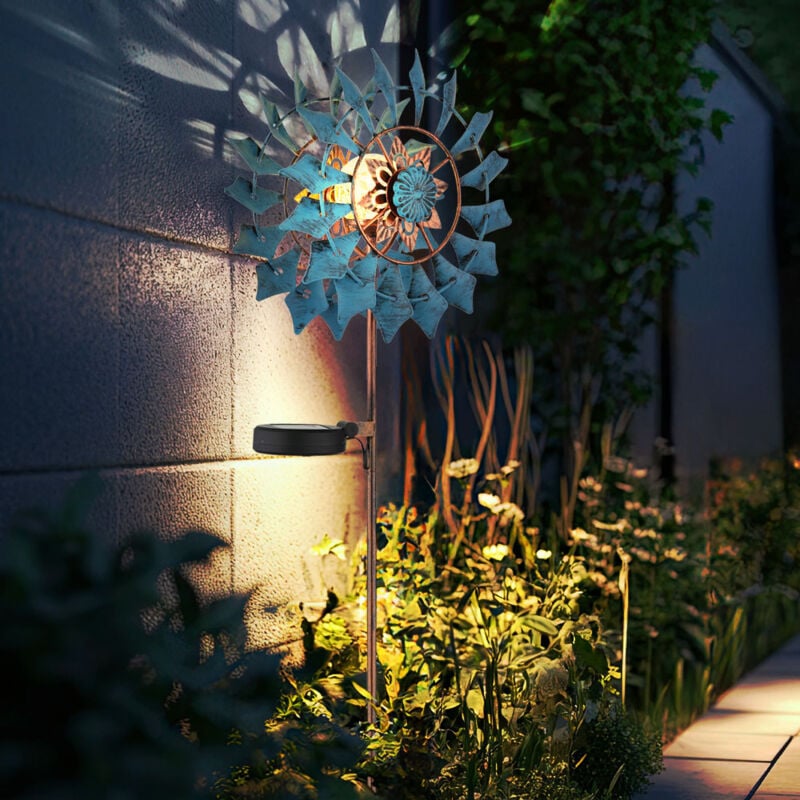 Décoration de jardin Moulin à vent LED Lampe solaire de terrasse Lampe extérieure Piquet de terre, métal doré bleu antique, verre brisé, blanc chaud,