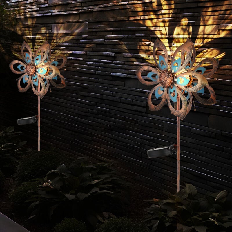 Décoration de jardin led Lampe solaire Roue à vent Lampe de terrasse Lampe extérieure Piquet de terre, métal or bleu, verre brisé, LxH 22,5 x 92 cm,