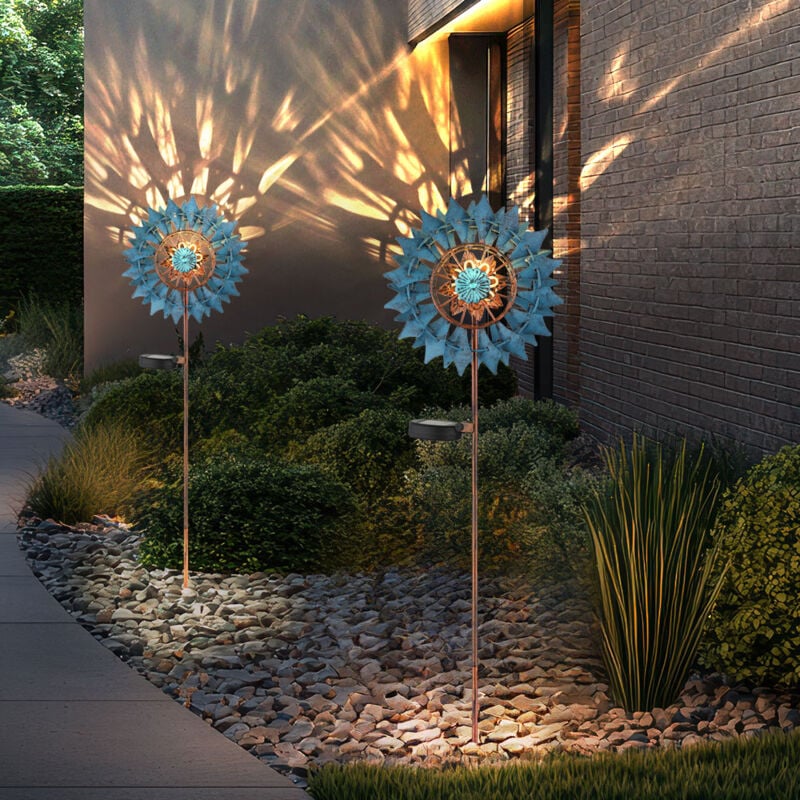 Décoration de jardin Moulin à vent led Lampe solaire de terrasse Lampe extérieure Piquet de terre, métal doré bleu antique, verre brisé, blanc chaud,