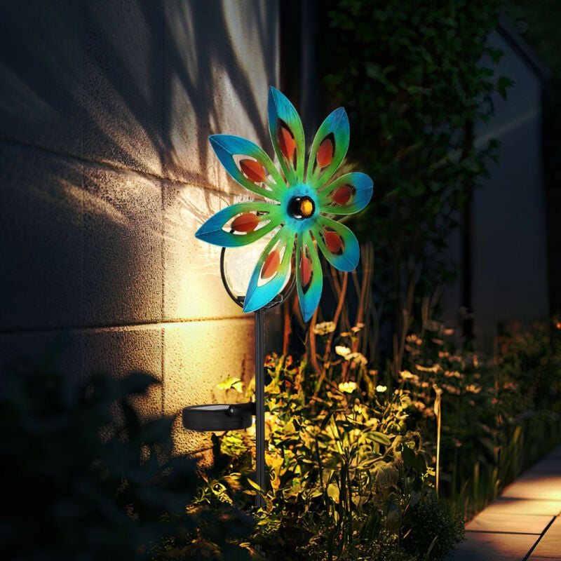 Décoration de jardin Roue à vent led Lampe solaire Lampe de terrasse multicolore Lampe extérieure Piquet de terre, métal cuivré, verre brisé, blanc