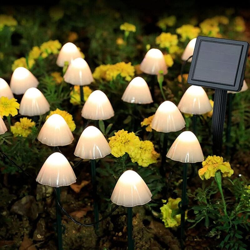 Décoration de jardin solaire 5M 20 led Champignon Lumière solaire extérieure étanche Décoration de champignon solaire (blanc chaud)