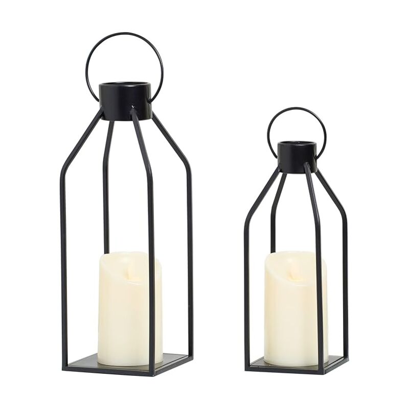 Décoration de lanterne de ferme moderne décorative – Lot de 2 lanternes à bougie en métal noir – Décoration de lanterne avec bougie led scintillante