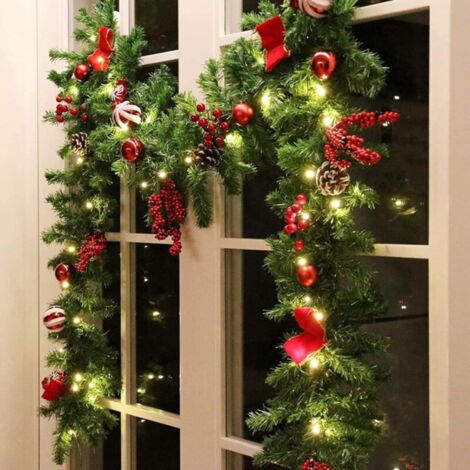 Décoration de Noël canne verte 1,8 mètres 1 avec 30 phares avec pommes de pin, baies rouges, nœuds, boules de Noël, bonbons, couronnes de Noël