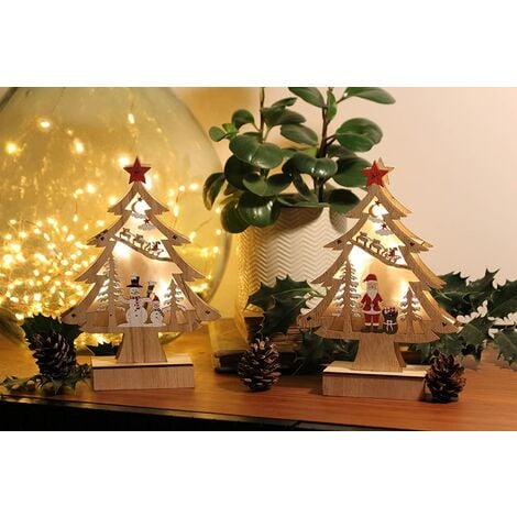 Décoration de Noël en Bois , lot de 2 Sapins de Noël en bois avec LED h=23cm l=16cm ref 8840