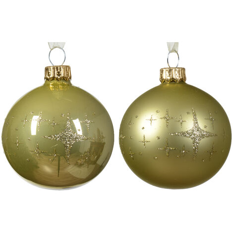 Décoration de Noël en verre émaillé mat avec bordure étoile à 2 couleurs, couleur pistache, ø 6cm