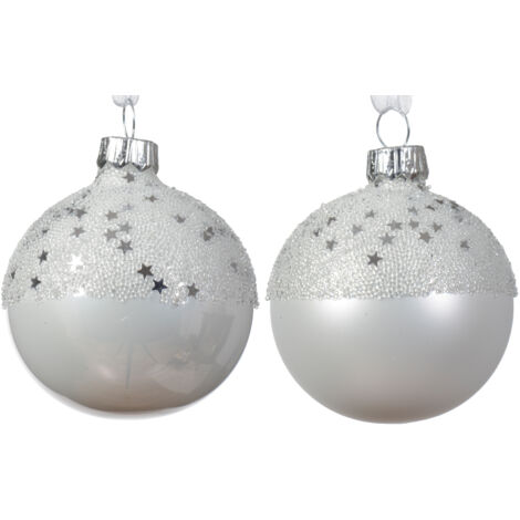 Décoration de Noël en verre mat émaillé avec étoile au sommet, 2 couleurs assorties, blanc hivernal, ø 6cm