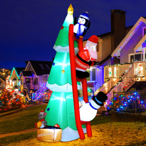 Décoration de Noël gonflable d'extérieur 210 cm avec éclairage LED, sapin de Noël gonflable XXL avec un joli pingouin, un père Noël, un bonhomme de neige et une petite souris.