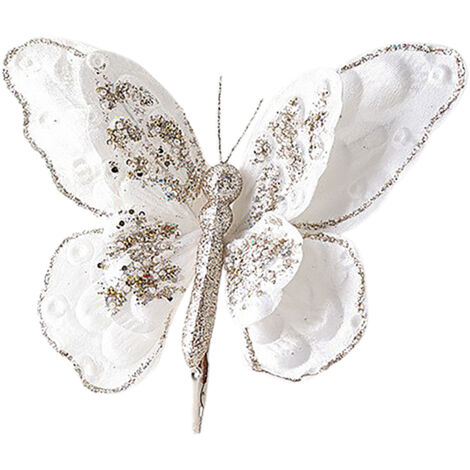 Décoration de Noël Papillon Fleur Blanche HY2107, Ornement Double Étage Artificiel Élégant pour Arbre DIY