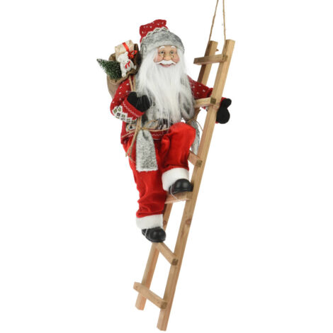 Décoration de Noël Père Noël sur échelle en bois 65 cm – Décoration en tissu – Pour intérieur et extérieur – Ambiance festive assurée