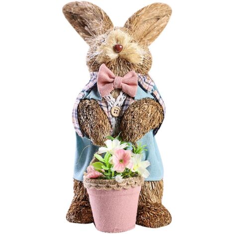 Décoration de Pâques artisanale en paille avec panier de fleurs, lapin debout fait main pour figurines et poupées.