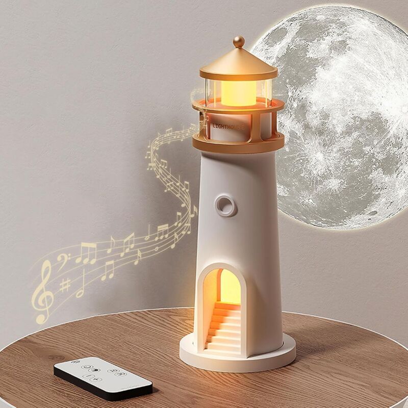 Décoration de Phare, Phare avec Lumière LED Lampe de Phare à Projection de Lune Balise avec Télécommande et Fonction Bluetooth, Cadeau de Noël