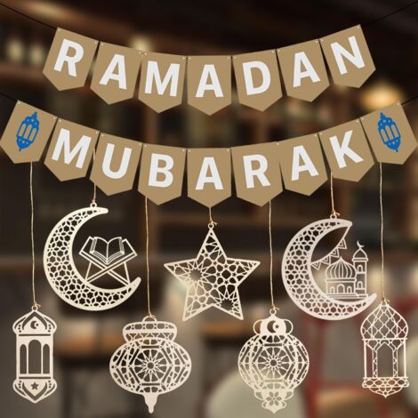 Décoration de Ramadan, Bannière Décoration Ramadan 7 Pièces Ramadan Décorations Suspendues en Bois, Guirlande de Ramadan, Eid Mubarak Musulmanes Ramadan Intérieure Extérieure Décoration Fournitures