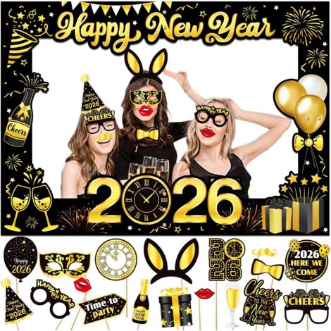 Décoration de Réveillon 2024 - Cadre à Selfie Géant 'Happy New Year' - 18 Accessoires de Photomaton - Cadre Photo en Papier - Fournitures de Fête Amusante pour le Nouvel An