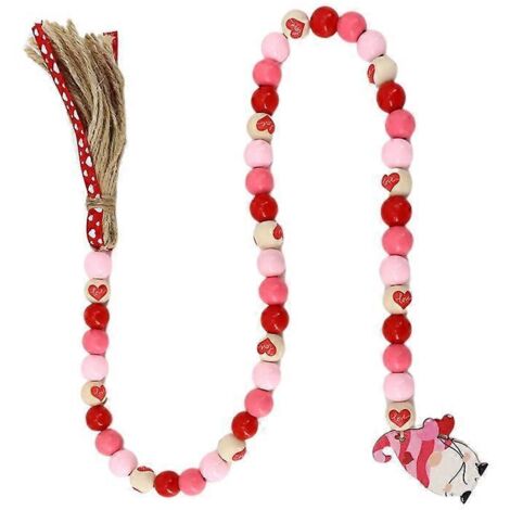 Décoration de Saint-Valentin Guirlande en Perles de Bois avec Pompon Gnome Rustique et Ferme Perles en Bois Fait Main
