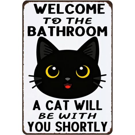 Décoration de salle de bain avec chat noir drôle, Plaques métalliques vintage "Bienvenue dans la salle de bain"