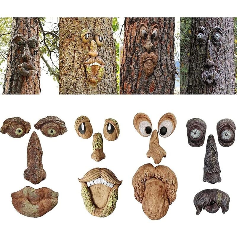 Décoration de Tronc d'arbre 4 pièce,3D en Forme de Visage d'arbre de Vieil Homme,Drôle de Résine Birdfeeder,Sculpture de Plein air en Forme Visage