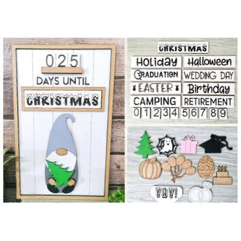 Décoration en bois interchangeable avec un gnome pour le compte à rebours, idéale pour la maison, le jardin ou la ferme. Panneau de compte à rebours en bois pour tous les événements de l'année.
