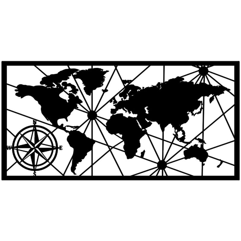 Décoration en Métal Carte du Monde 14, Métal, Noir, 100x1,5x50 cm