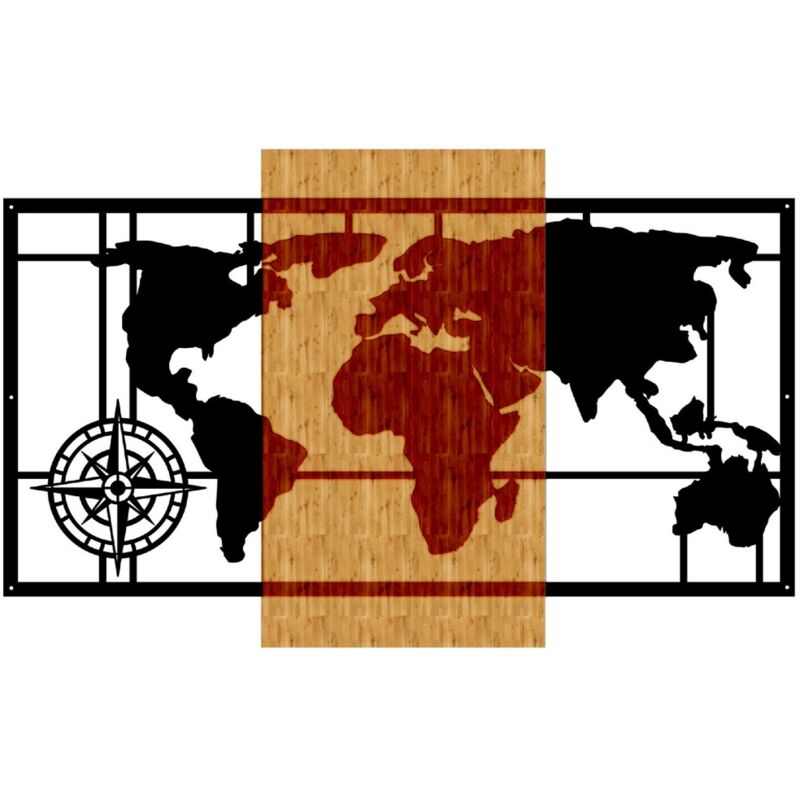 Décoration en Métal et Bois Carte du Monde 6, Métal, Bois, Noir, Marron, 80x1,8x50 cm
