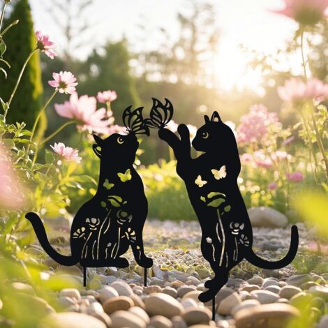 Décoration extérieure en métal représentant un chat - Lot de 2 piquets décoratifs pour jardin, ornements de pelouse, décoration de jardin