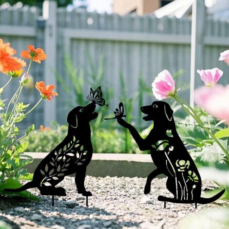 Décoration extérieure en métal représentant un chien - Lot de 2 piquets décoratifs pour jardin, ornements de pelouse, décoration de jardin et terrasse