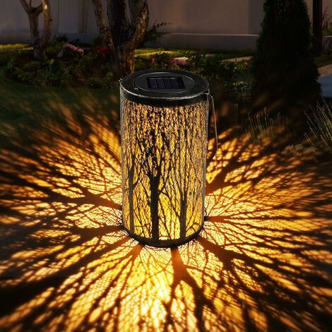 Décoration extérieure solaire tronc d'arbre lampe de projection LED lanterne creuse cour ornement de jardin lampe suspendue en fer forgé